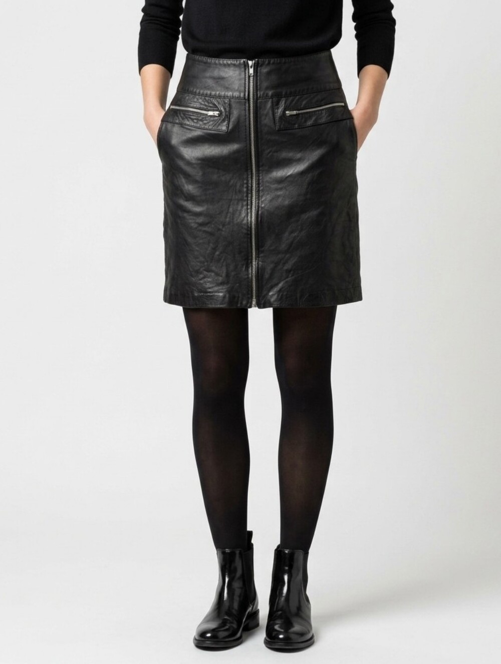 Cache Black Leather Mini Skirt with Front Zip